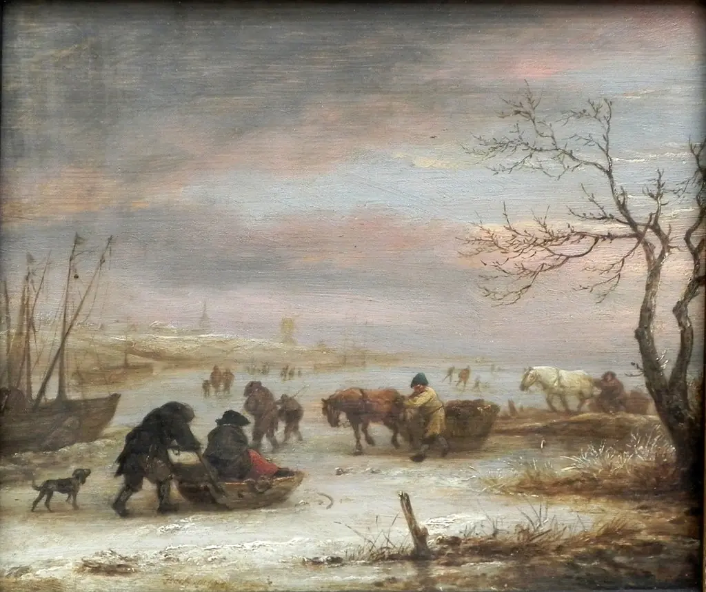 Winter Landscape with Skaters and Frozen Boats, by Isaac van Ostade
