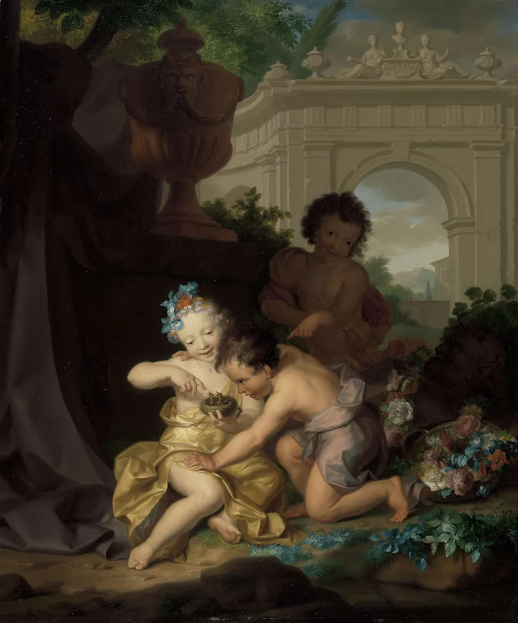 Drie kinderen spelend met een vogelnestje, by Isaac Walraven, oil, 1718