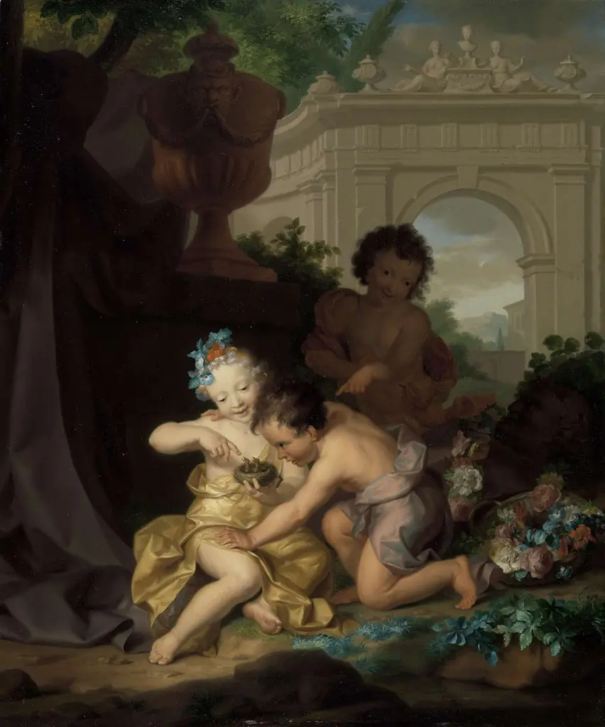 Drie kinderen spelend met een vogelnestje, by Isaac Walraven