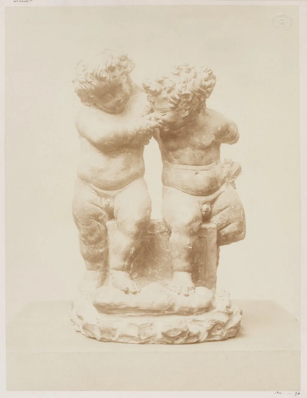 Italian terracotta sculpture group of two boys fighting, by Isabel Agnes Cowper, photographic, 1890