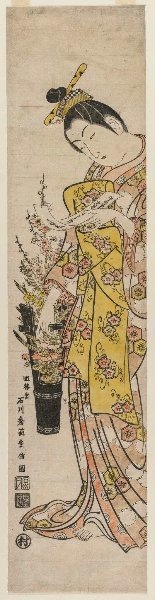 Courtesan Reading a Poem Slip Tied to Flowers in a Vase, by Ishikawa Toyonobu, 1744
