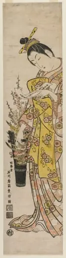 Courtesan Reading a Poem Slip Tied to Flowers in a Vase, by Ishikawa Toyonobu