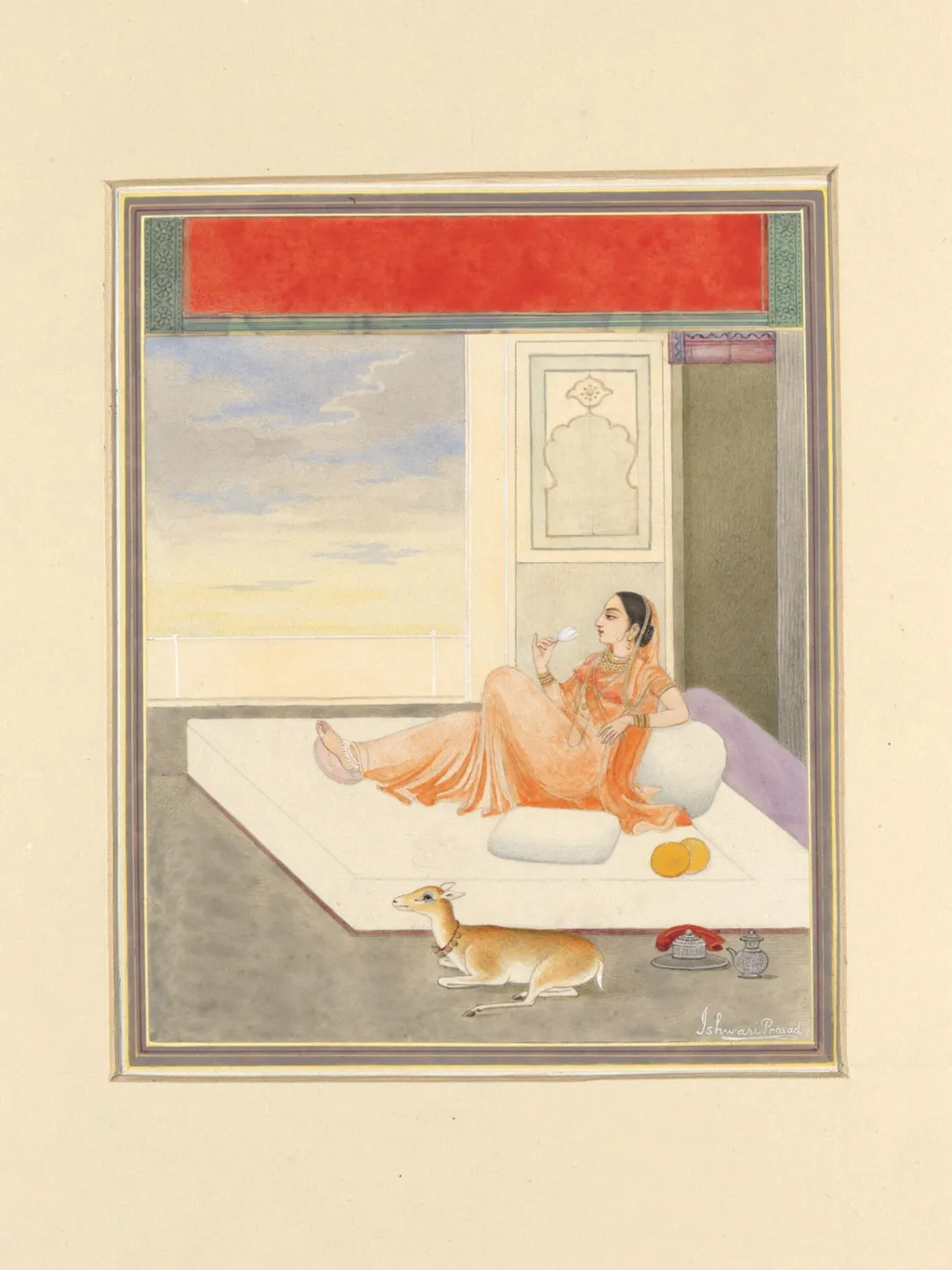 A lady lying on cushions, by Ishwari Prasad, paint, 1940