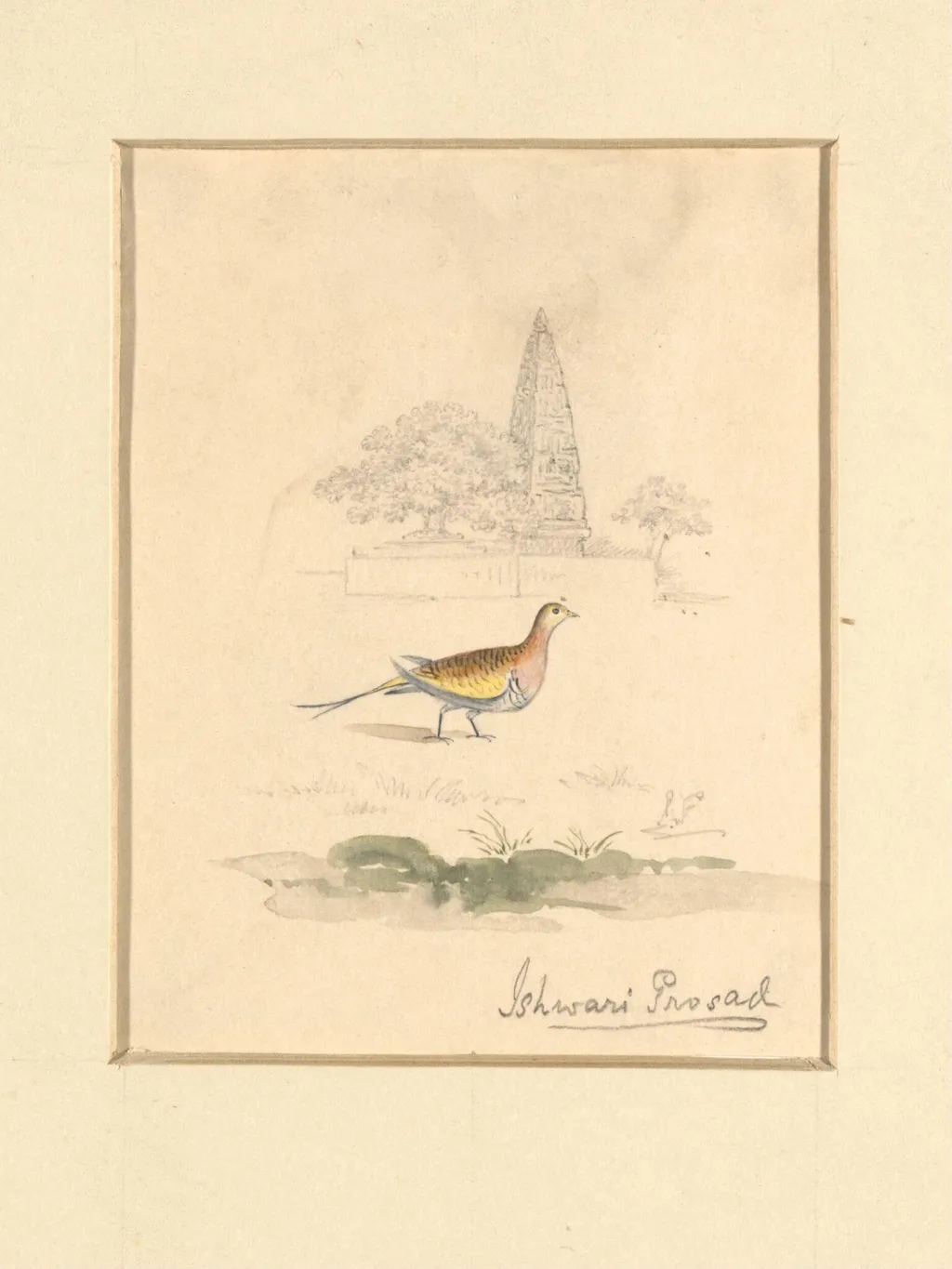 Bird and Temple, by Ishwari Prasad, paint, 1940