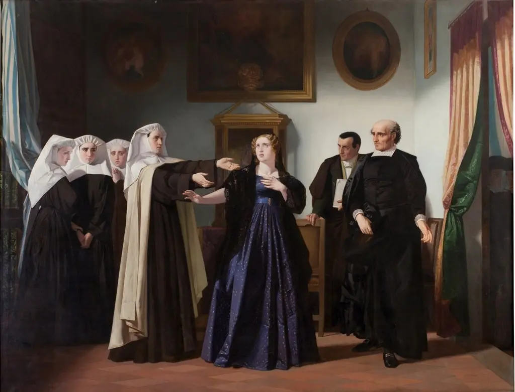Doña Mariana de Pineda en el momento de despedirse de las beatas de Santa María Egipciaca en cuyo beaterio estaba presa para ir a la capilla, by Isidoro Lozano