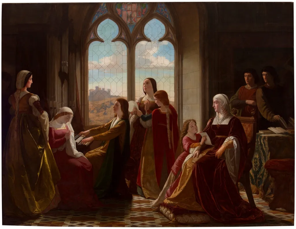 La reina Isabel la Católica presidiendo la educación de sus hijos, by Isidoro Lozano, oil, 1864