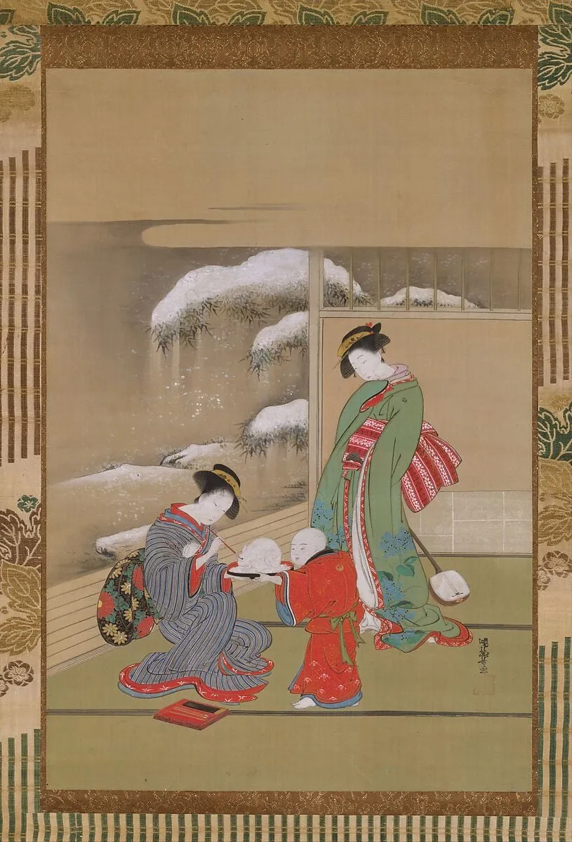 雪兎図|Painting the Eyes on a Snow Rabbit, by Isoda Koryūsai, ink, 1780