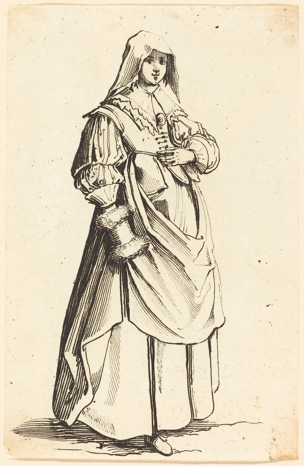 Bourgeoise with Muff, Facing Right, by Israel Henriet, ink, 1646
