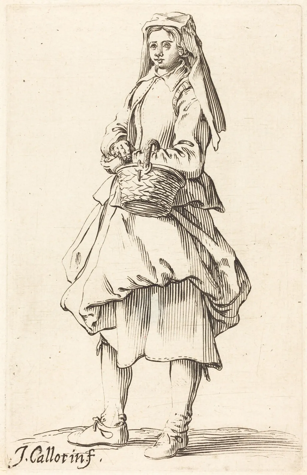 Peasant Woman with Basket, Facing Left, by Israel Henriet, ink, 1626