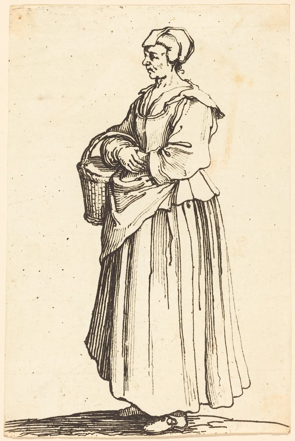 Peasant Woman with Basket, in Profile, Facing Left, by Israel Henriet, ink, 1646