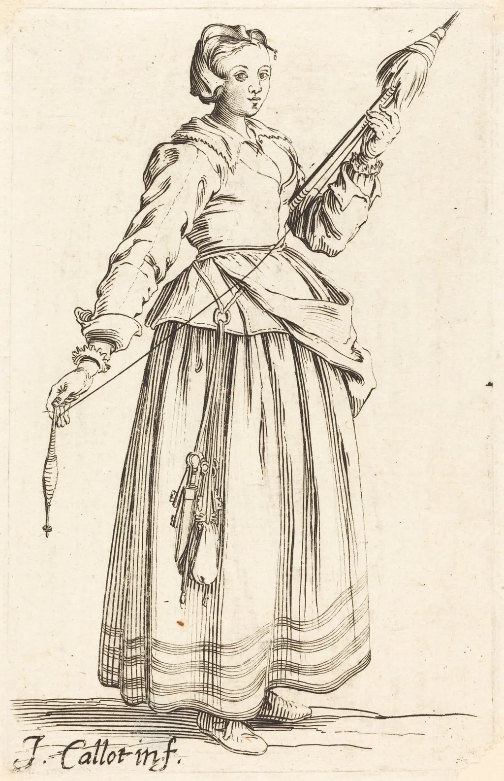 Young Woman with Distaff, Facing Right, by Israel Henriet, ink, 1626