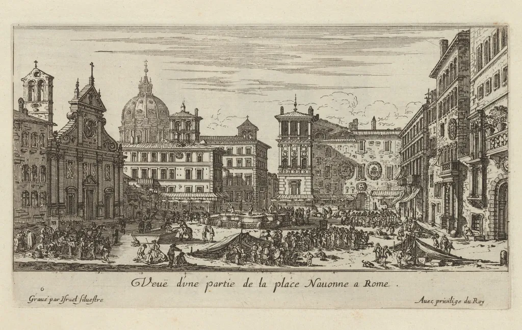 Veuë d'une partie de la place Navonne a Rome, by Israël Silvestre, ink, 1650