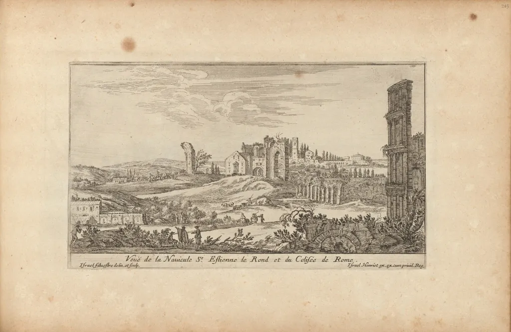 Veuë de la Navicule St. Estienne le Rond et du Colisée de Rome, by Israël Silvestre, ink, 1650