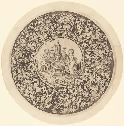 Circular Ornament with Musicians Playing near a Well, by Israhel van Meckenem