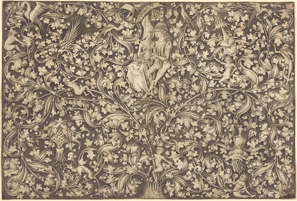 Ornament Panel with Two Lovers, by Israhel van Meckenem, ink, 1495