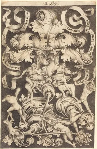 Ornament with Flower and Eight Wild Folk, by Israhel van Meckenem