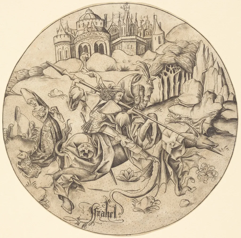 Saint George and the Dragon, by Israhel van Meckenem, ink, 1468