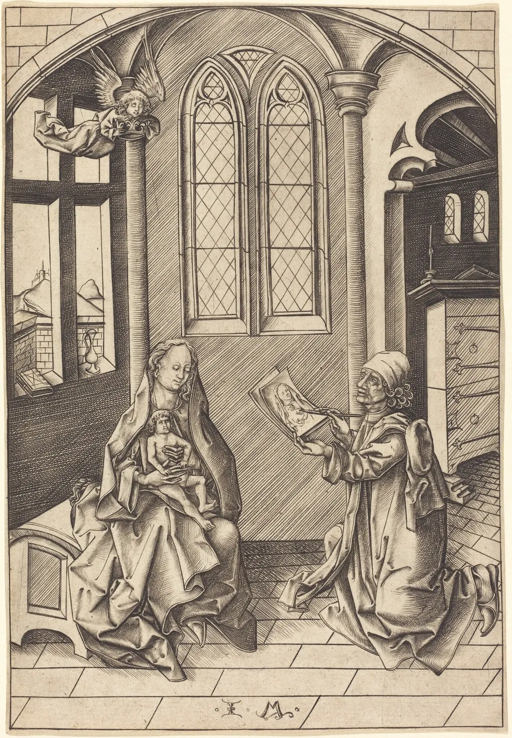 Saint Luke Drawing a Portrait of the Virgin, by Israhel van Meckenem, ink, 1475