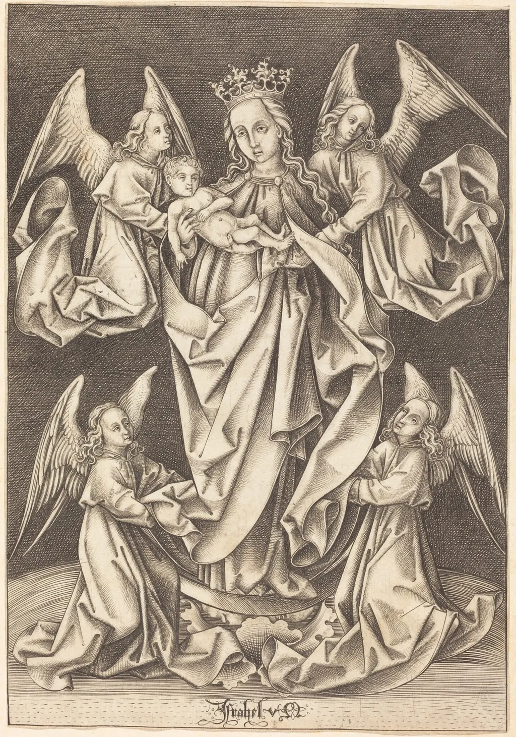 The Madonna and Child on the Crescent Supported by Four Angels, by Israhel van Meckenem, ink, 1495