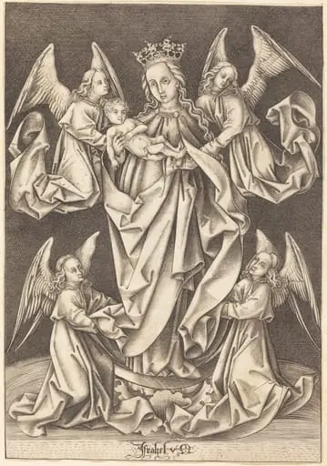 The Madonna and Child on the Crescent Supported by Four Angels, by Israhel van Meckenem