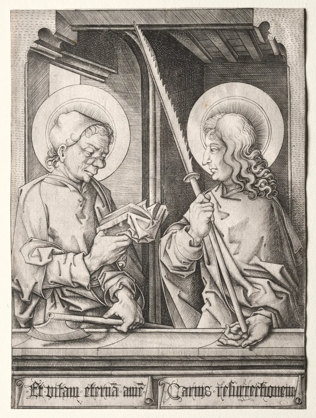 The Twelve Apostles at Gothic Windows: St. Matthias and St. Judas Thaddaeus, by Israhel van Meckenem, 1485