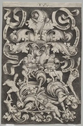 Upright Ornament with Eight Naked Men, by Israhel van Meckenem