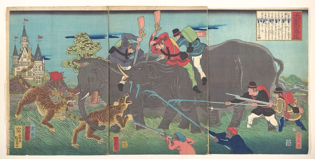 Daizō shasei|Big Elephants Being Attacked, by Isshinsai Yoshikata, ink, 2