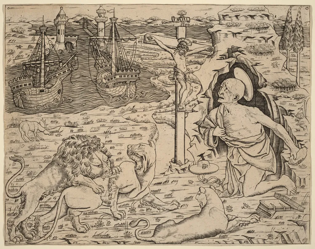 Saint Jerome in Penitence, with Two Ships in a Harbor, by Italian 15th Century, ink, 1490