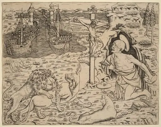Saint Jerome in Penitence, with Two Ships in a Harbor, by Italian 15th Century