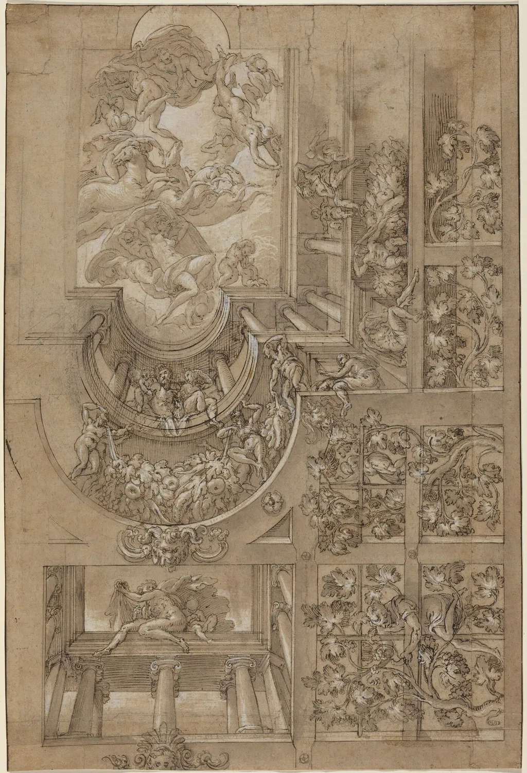 Illusionistic Ceiling with a Grape Arbor, Figures Poised on Galleries, and a Central Scene of Olympian Gods, by Italian 16th Century, ink, 1585
