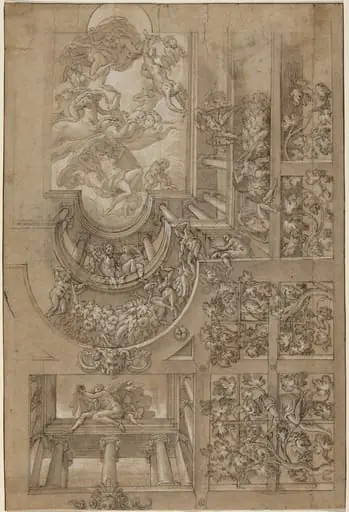 Illusionistic Ceiling with a Grape Arbor, Figures Poised on Galleries, and a Central Scene of Olympian Gods, by Italian 16th Century