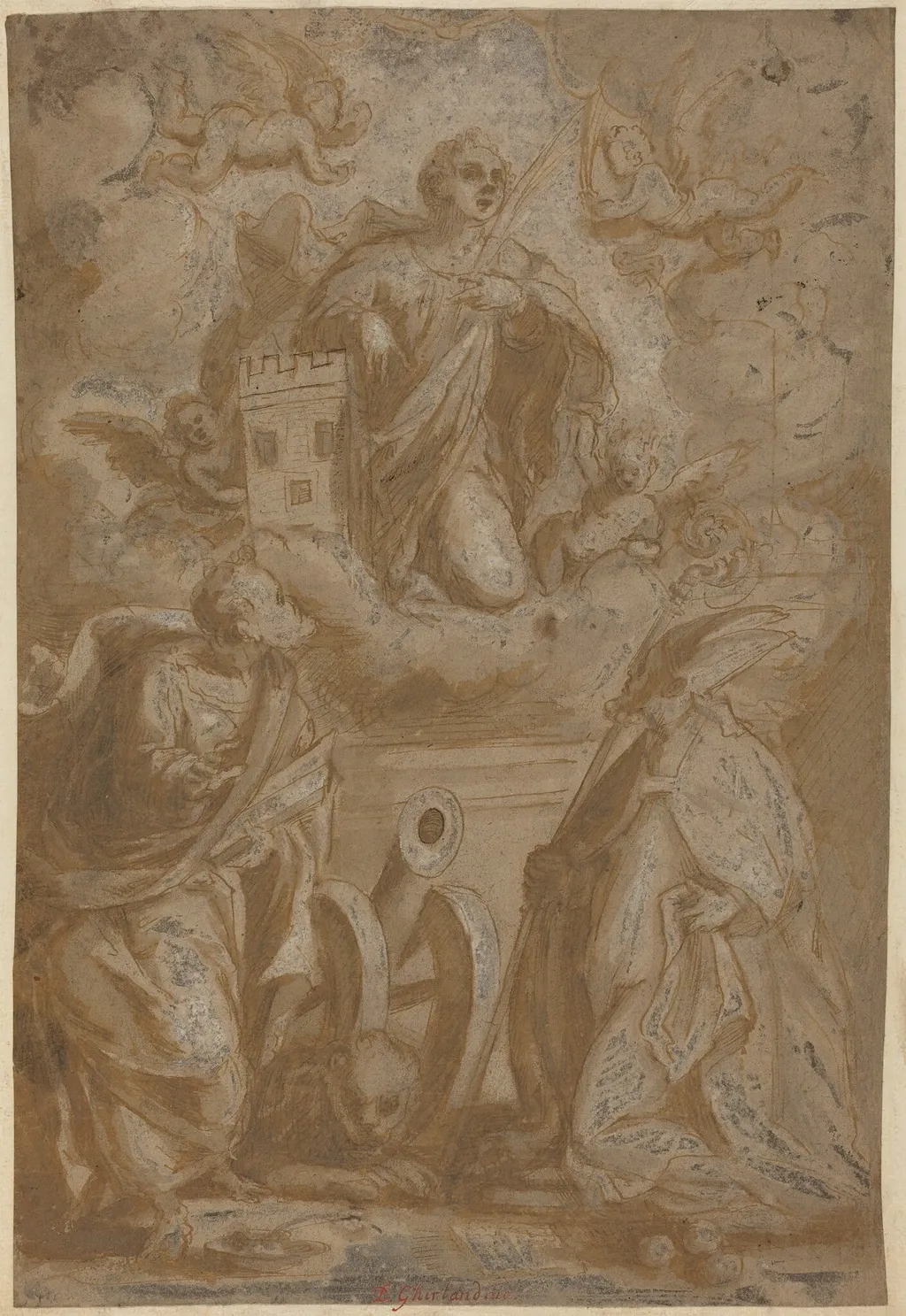 Saint Barbara in Glory with Saints Nicholas and Jerome, by Italian 16th Century, ink, 1501