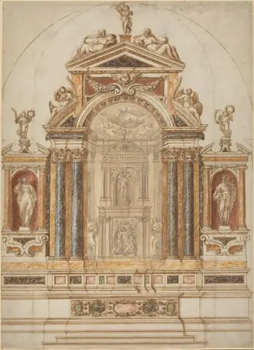 An Elaborate Altar of Colored Marble Ornamented with Sculptures, by Italian 17th Century