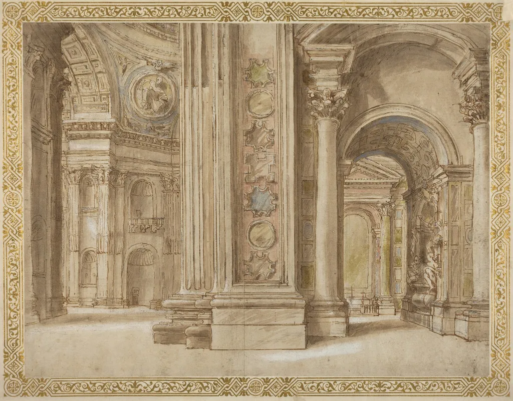 The Interior of Saint Peter's, Rome, by Italian 17th Century, ink, 1601