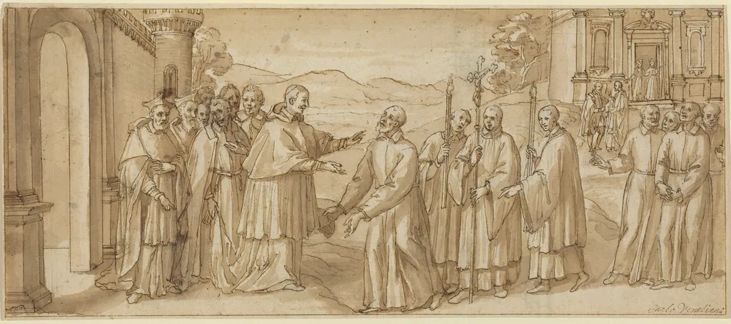 The Meeting of San Carlo Borromeo and San Filippo Neri, by Italian 17th Century, ink, 1600