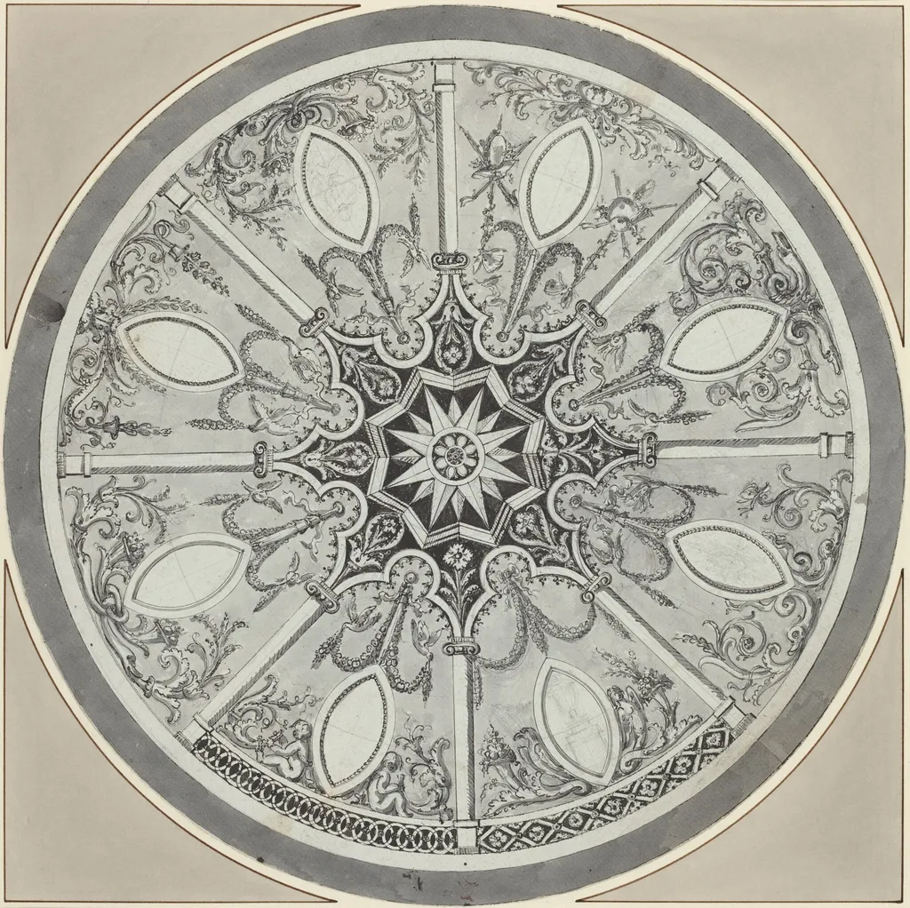 Design for an Inlaid Circular Table Top, with Alternatives, by Italian 18th Century, ink, 1800