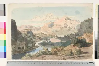 Italian Mountain Scene with River and a Building to the left