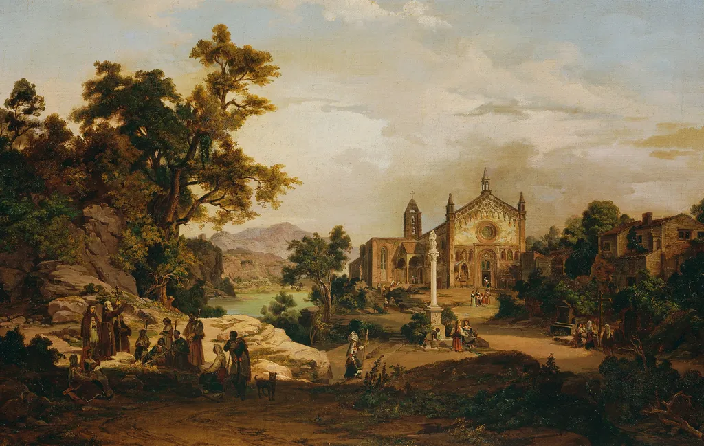 Italienische Landschaft mit Pilgern, oil