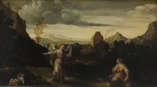 Italiensk landskab, i forgrunden Hagar, Ismael og en engel