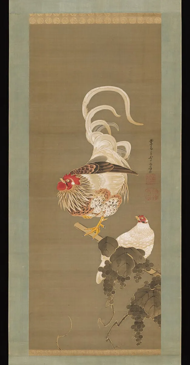 伊藤若沖筆　葡萄双鶏図|Hen and Rooster with Grapevine — Itō Jakuchū