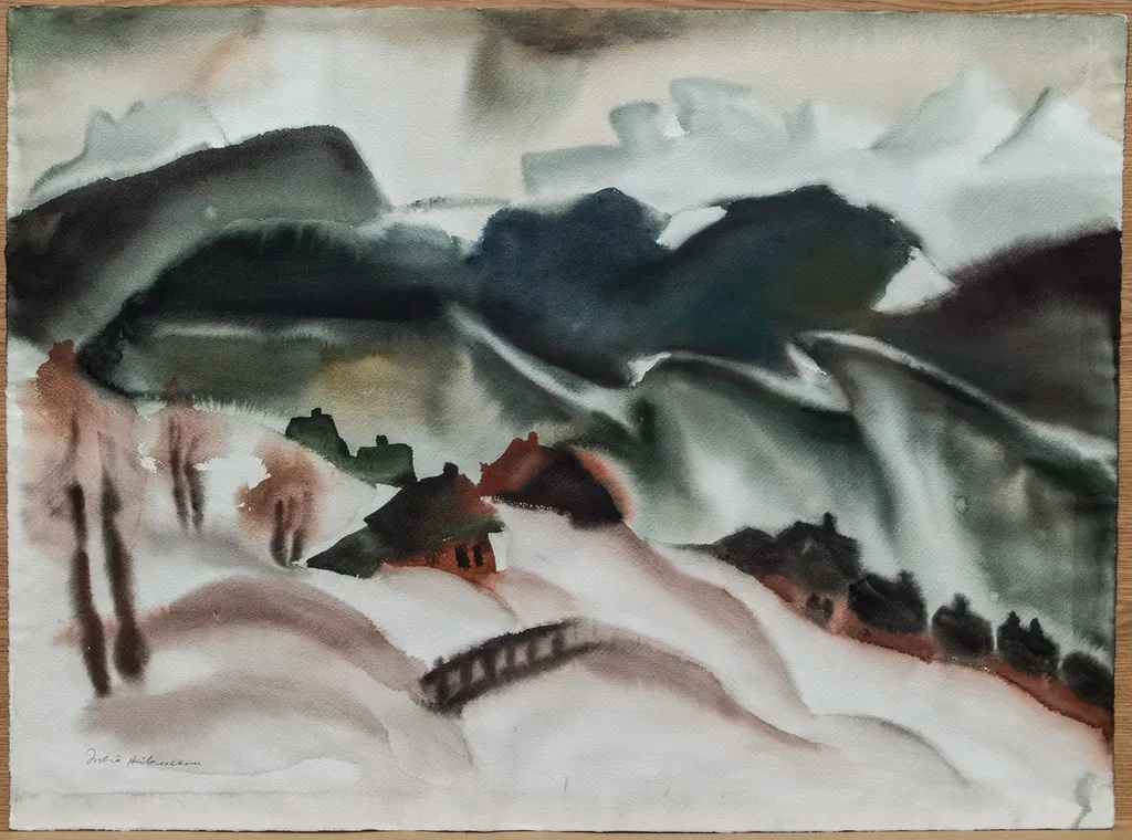 Sat pe malul lacului iarna, by Iulia Hălăucescu, unspecified, 1950