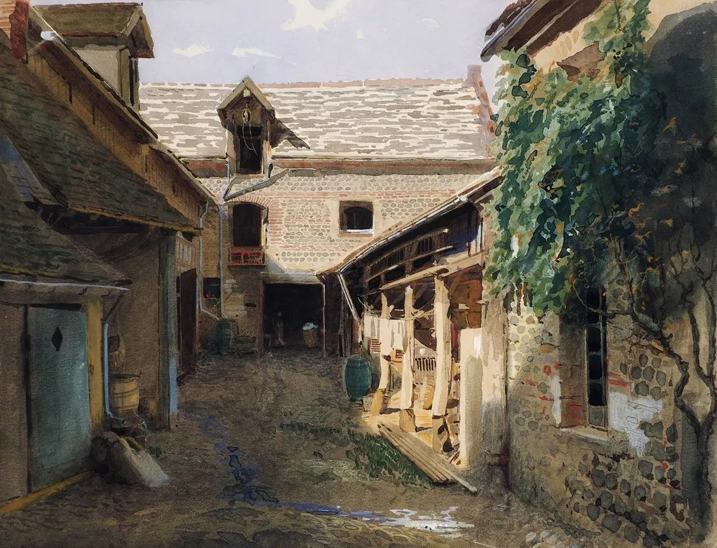 Village courtyard in France, by Ivan Kramskoi, watercolor