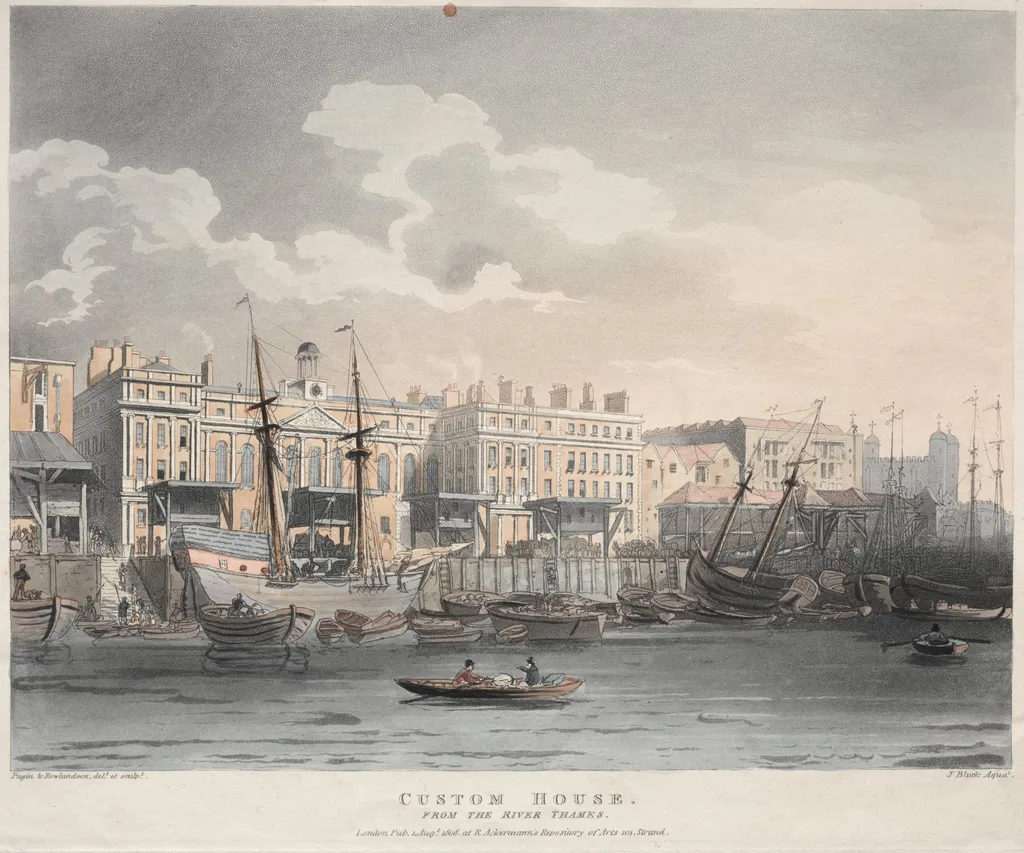 Customs House, from the Thames River, by J. Bluck, 1808