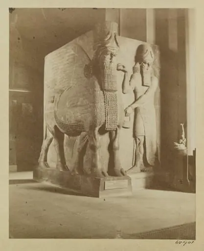 Assyrian sculpture of a winged bull, London, British Museum, by J. Davis Burton
