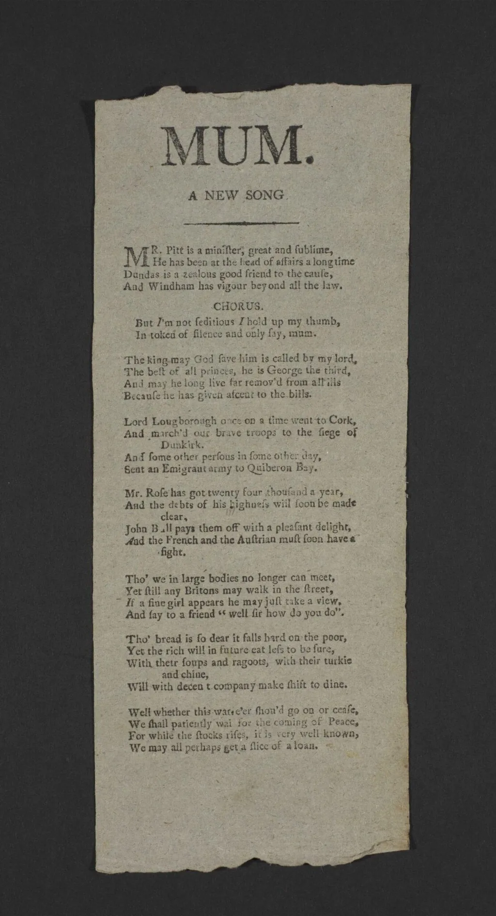 Mum A New Song, by J. Evans, 1750
