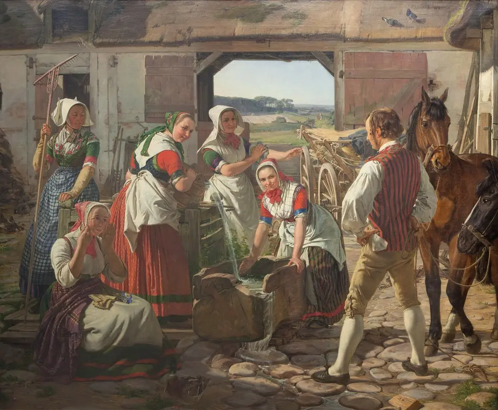 Sjællandske høstpiger ved en brønd, by Jørgen Roed