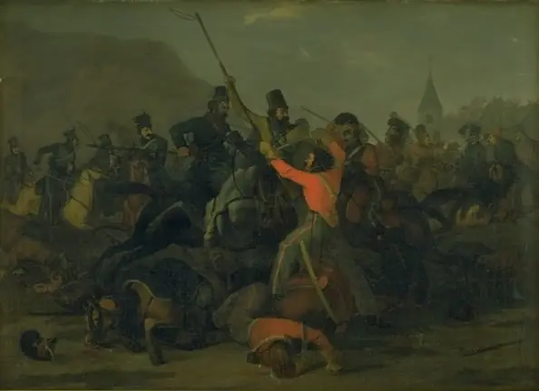 Oberst Boncke Bönnichsens fald den 6. december 1813 under en fægtning mellem jyske dragoner og kosakker, by Jørgen Sonne