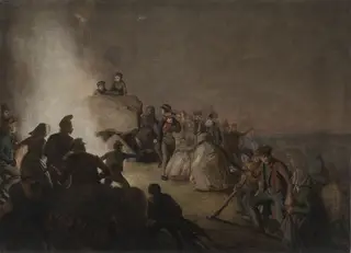 St. John's Eve. Farmers who have awakened from sleep on a mound, dance around the fire, by Jørgen Sonne, 1816