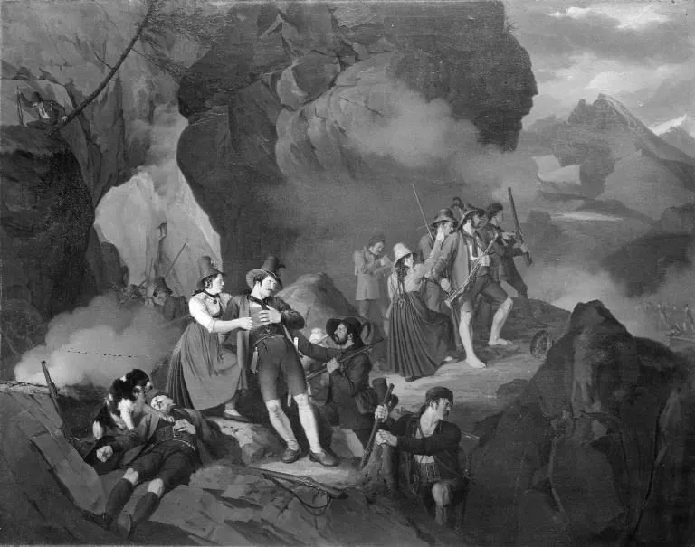 Tyrolese Fighting the French in the Mountains, by Jørgen Sonne, oil, 1823