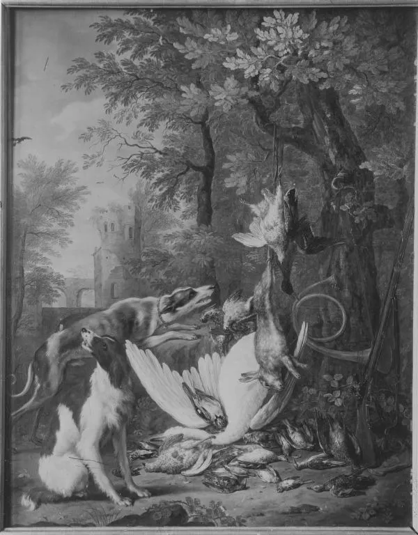 Jagdbeute mit zwei Hunden, by Jacob Andries Beschey, unspecified, 1748